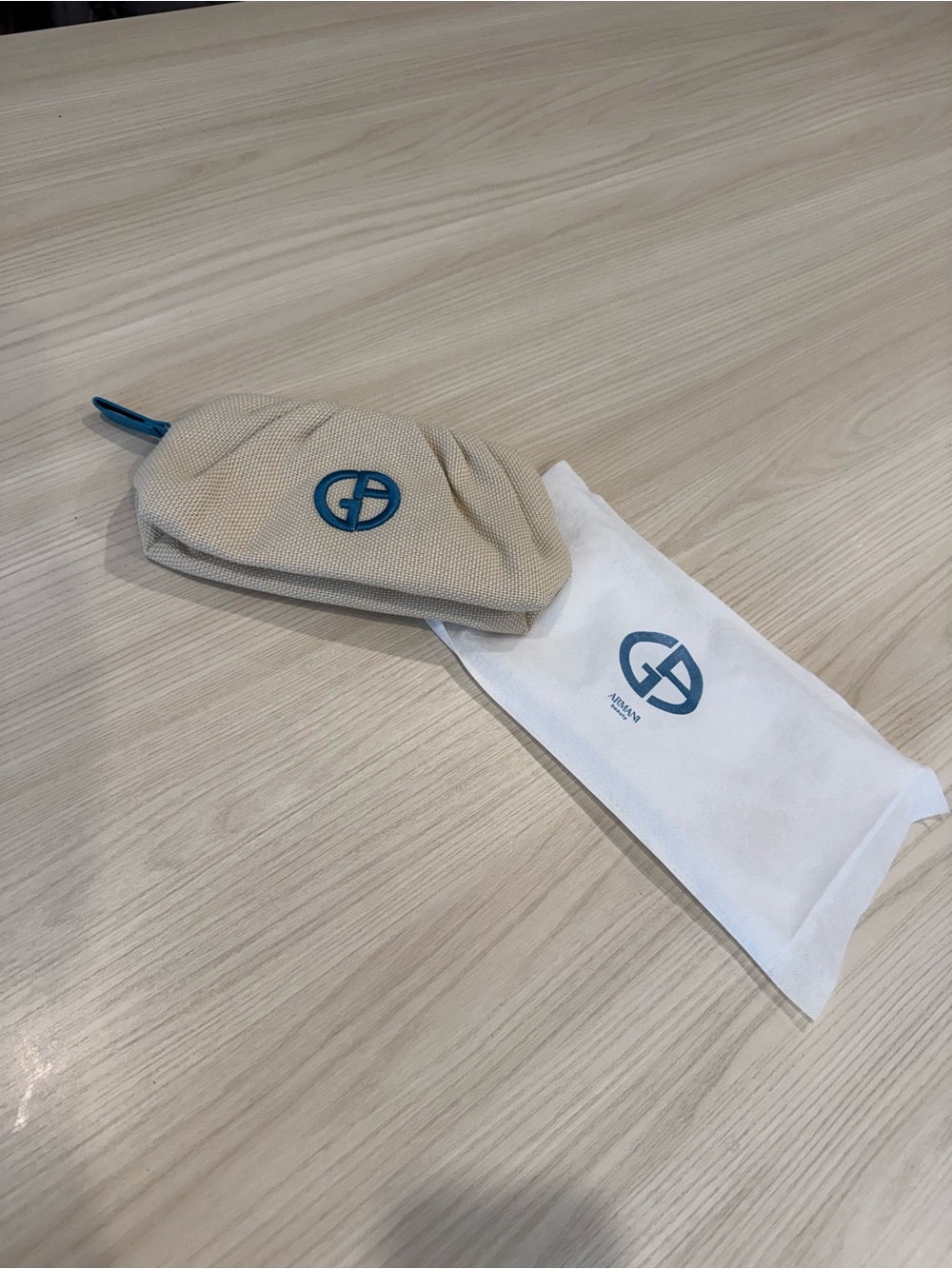 Giorgio Armani Kids Beige Sunglasses Pouch with Blue Logo